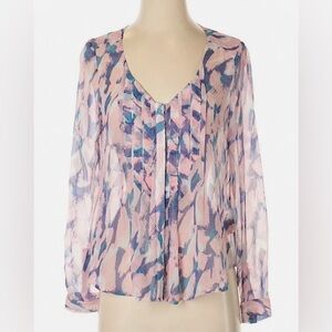 ⭐️LIKE NEW ANTHROPOLOGIE MAEVE RUFFLED NECK WATERCOLOR SILK TOP PINK/PURPLE Sz 4
